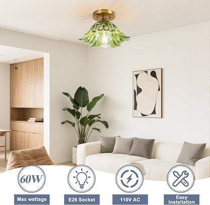 Semi Flush Mount Ceiling Light,Ceiling Light Fixtures 3000K Bulb, Vintage Light Fixtures Green for Closet Hallway Kitchen Dining Room 11"
