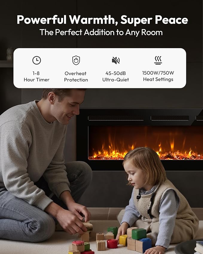 EUHOMY 60 Inch Electric Fireplace Recessed Wall Mounted with Remote Control, Fireplace Heater with Adjustable Flame Color, Linear Fireplace with Timer, Log & Crystal, 750/1500W (2026 Upgrade)