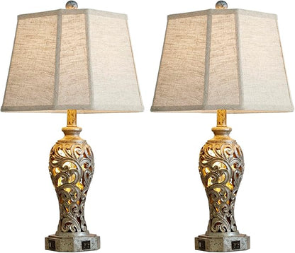 Vintage Table Lamps Set of 2 for Living Room Bedroom, 2 USB Ports 25'' Rustic Farmhouse Desk Lamp with Nightlight, Iron Gray Hollow Out Resin Lamp for End Table (Bulbs Included)