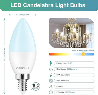 20 Pack Chandelier Light Bulbs 60 Watt Equivalent, Candelabra LED Light Bulbs, E12 LED Bulb Daylight 5000K, Type b Light Bulb 5.5W, Candelabra Base, 120V, B11 Candle Light Bulb, Non-Dimmable