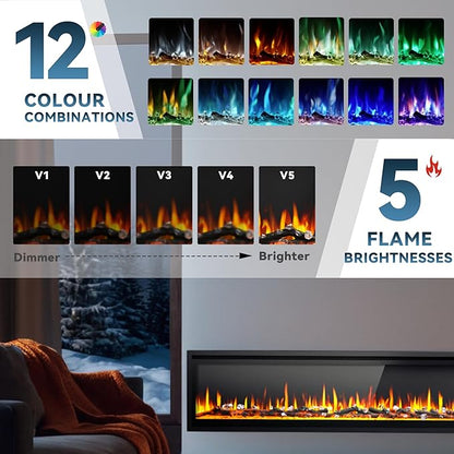 EUHOMY 73 Inch Electric Fireplace Recessed Wall Mounted Freestanding with Remote Control, Ultra-thin Fireplace Heater with Adjustable Flame Color, Linear Fireplace with Timer, Log & Crystal, 750/1500W