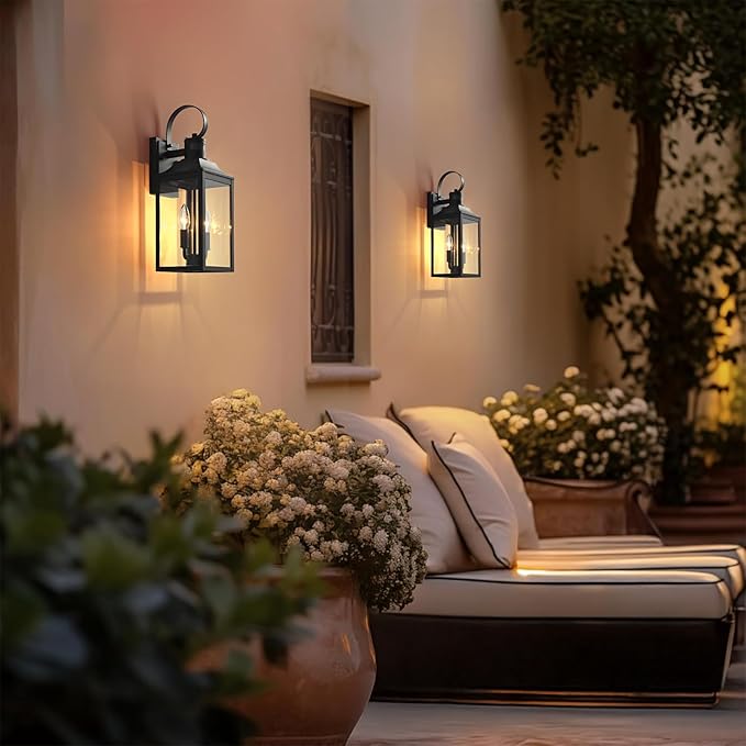 18.9" Black Outdoor Wall Sconce, 2-Light Industrial Porch Light with Clear Glass, Weather-Resistant Farmhouse Lighting Fixture for Porch, Patio,Garage Modern Wall Mount Exterior Lamp (1 Pack)