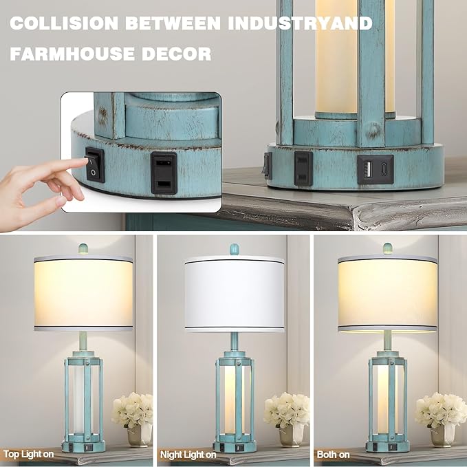 Industrial Farmhouse Table Lamp, 26" Vintage Rustic Beside Lamp with USB A+C Charging Ports & AC Outlet, Nightstand Metal Lamp with LED Night Light & Fabric Shade for Living Room Bedrooms Blue