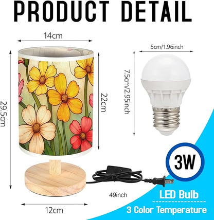 Primrose Flowers Table Lamp LED 3-Color Pressed Bedside, Primrose Flowers Shade Lamp with Wood Base for Bedroom Living Room Desk Office