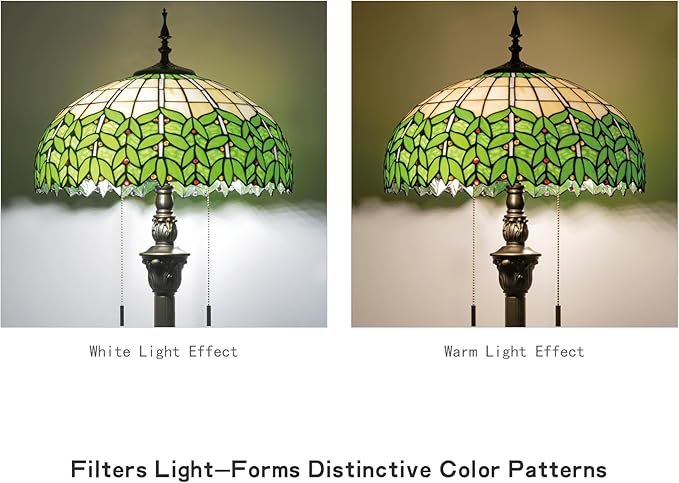 Tiffany Style Floor Lamp, 16" Stained Glass Green Leaf Shade with Antique Bronze Base, 2-Light E26 Pull Chain Standing Reading Light for Living Room, Bedroom, UL Listed, 16x16x64 Inches