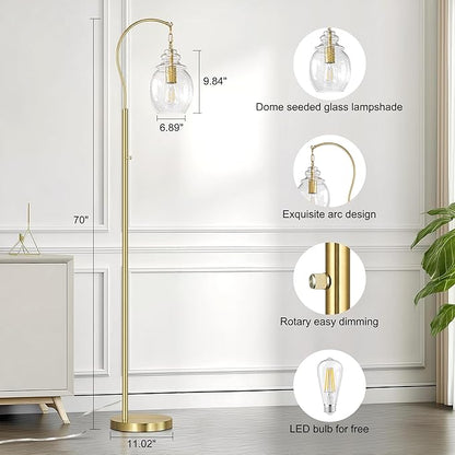 QiMH Gold Floor Lamps for Living Room, Modern Standing Lamp for Bedroom, 70" Tall Lamp for Corner, Arc Floor Lamp with Seeded Glass Lamp Shade, Dimmable Floor Lamp for Reading Office Nursery