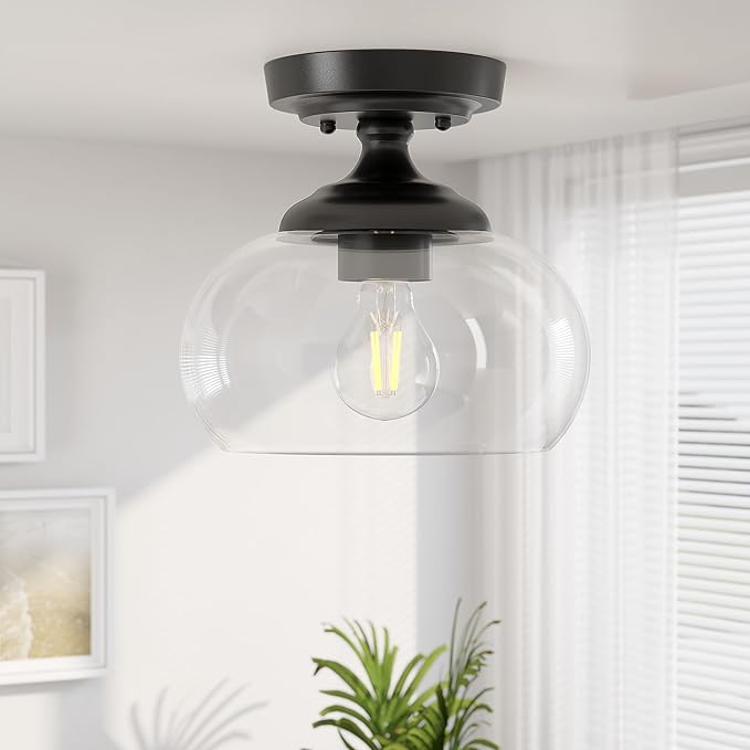 VONLUCE Industrial Semi Flush Mount Ceiling Light, 8.3" Ceiling Light Fixture with Clear Glass Shade, Farmhouse Lighting for Hallway Kitchen Bedroom Entryway, Matte Black Flush Mount Light Fixture
