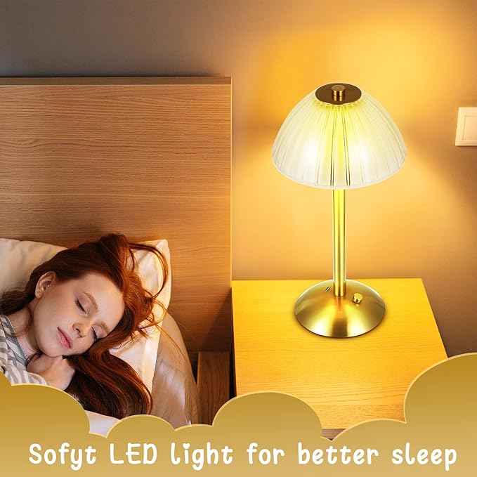Liliful 2 Pcs Cordless Table Lamp Rechargeable Touch LED Small Gold Portable Battery Operated USB-c Desk Lamp 3 Color Dimmable for Bedroom Living Room Dining (Gold,Mushroom Style)