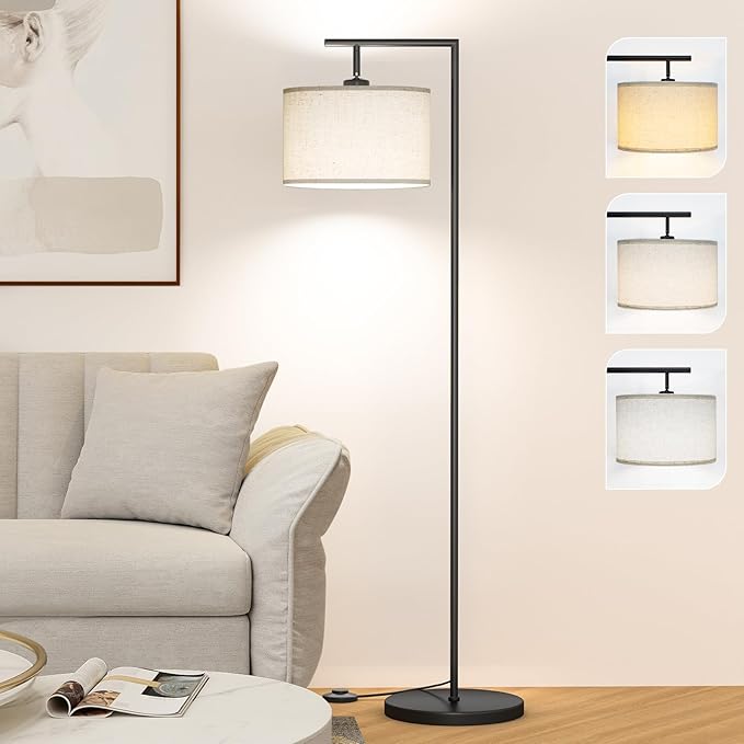 Floor Lamp for Living Room with 3 Color Temperatures Standing Lamp with Adjustable Beige Linen Lampshade Tall Lamps for Bedroom Office Classroom Dorm Room, 9W LED Bulb Included, Black