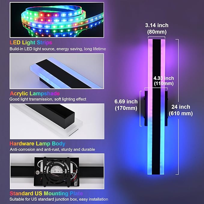 TODOLUZ 2-Pack 24-Inch Outdoor RGB Wall Light Fixture, IP65 Waterproof 16W Dimmable LED Linear Wall Sconce Lighting with Remote Control for Porch Garage Party Gathering