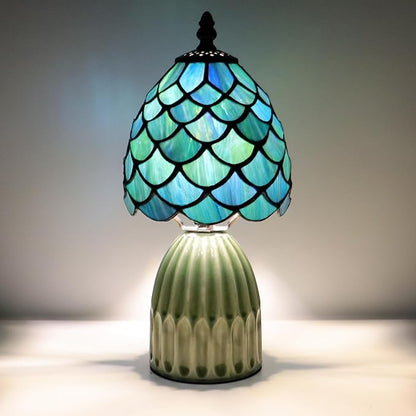 Tiffany Lamp Stained Glass Mushroom Table Lamps 6X6X12.5 Inch Sea Blue Fish Scale Style Small Night Light Ceramic Base Mini Accent Desk Light Suitable for Bedside Table Bedroom Children Room