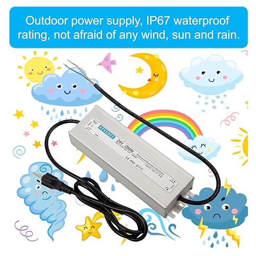 LED Driver 24V250W Waterproof Power Supply AC90-120V to DC24V10.4A Waterproof Low Voltage Transformer Suitable for Indoor and Outdoor LED Light Strips and Any 24V DC High-End Devices