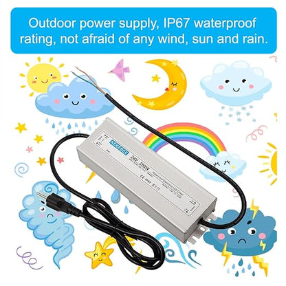LED Driver 24V250W Waterproof Power Supply AC90-120V to DC24V10.4A Waterproof Low Voltage Transformer Suitable for Indoor and Outdoor LED Light Strips and Any 24V DC High-End Devices