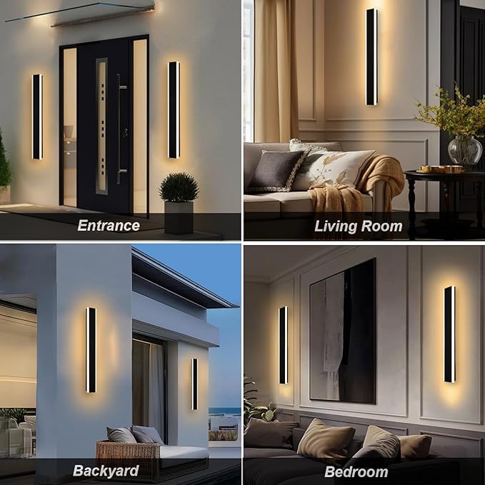 Yaohong 2 Pack 32inch LED Outdoor Wall Linear Lights, Modern Black 3000K-6000K Dimmable Exterior Lighting Fixtures Patio Light, IP65 Waterproof Outdoor House Lights Wall Mount for House Courtyard