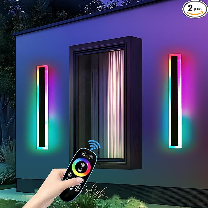 Mikeru 2pack 23.6inch Outdoor Wall Light Fixtures, RGB Modern Outdoor Wall Sconce 10%-100% Dimmable Smart Long LED Wall Light Wall Mount Featuring Multiple Modes and 12 Colors for Patio Entryway