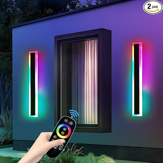 Mikeru 2pack 23.6inch Outdoor Wall Light Fixtures, RGB Modern Outdoor Wall Sconce 10%-100% Dimmable Smart Long LED Wall Light Wall Mount Featuring Multiple Modes and 12 Colors for Patio Entryway