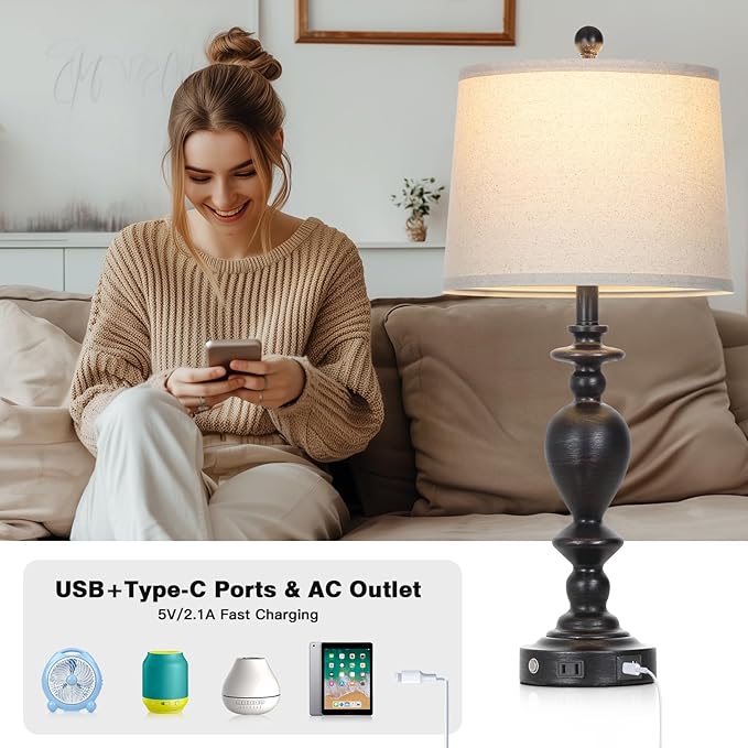 28" Tall Farmhouse Bedside Lamp Set of 2,Black Vintage Bedside Lamps with USB C+A Ports & AC Outlet,3-Way Dimmable Touch Lamp for Night Stands Living Room Bedroom,Black-2