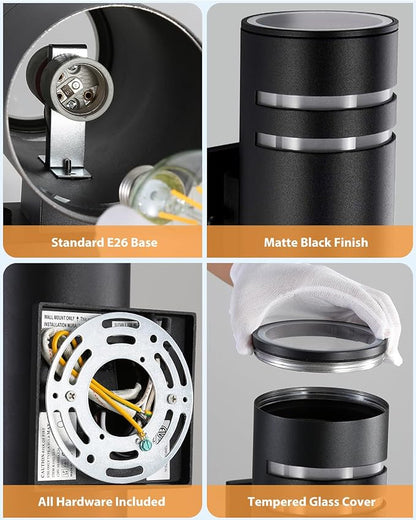 SHIMR Modern Outdoor Wall Lights Dusk to Dawn, Aluminum Outdoor Light Fixture with LED Bulbs, Black Cylinder Outdoor Sconce Up and Down Outside Lights for House Porch Garage, ETL Listed