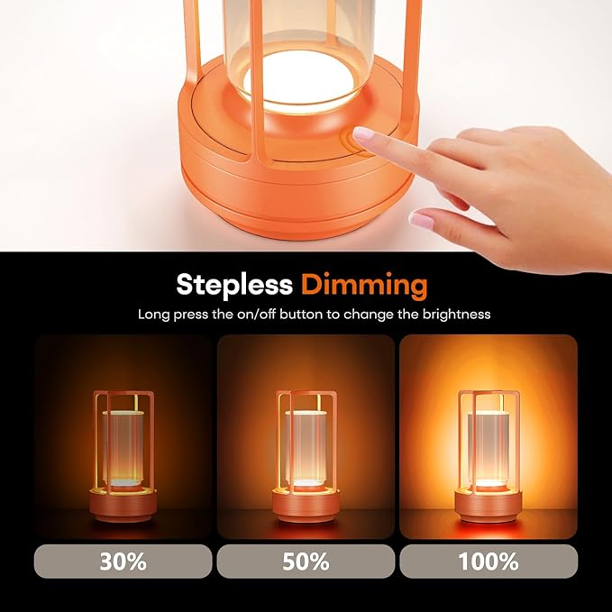 Portable Table Lamp for Indoor/Outdoor, Rechargeable Cordless Desk Lamp with Touch Sensor, 3 Way Dimmable Suitable for Bars/Cafes/Restaurants/Bedrooms/Camping Sites (Orange)