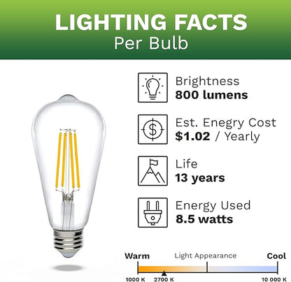 Bioluz Dimmable Warm Edison Light Bulbs - 800 Lumen Warm White 2700K LED Replacement for Incandescent Light Bulbs - 6-Pack Vintage Warm Light Bulbs for Dimmable Light Fixtures