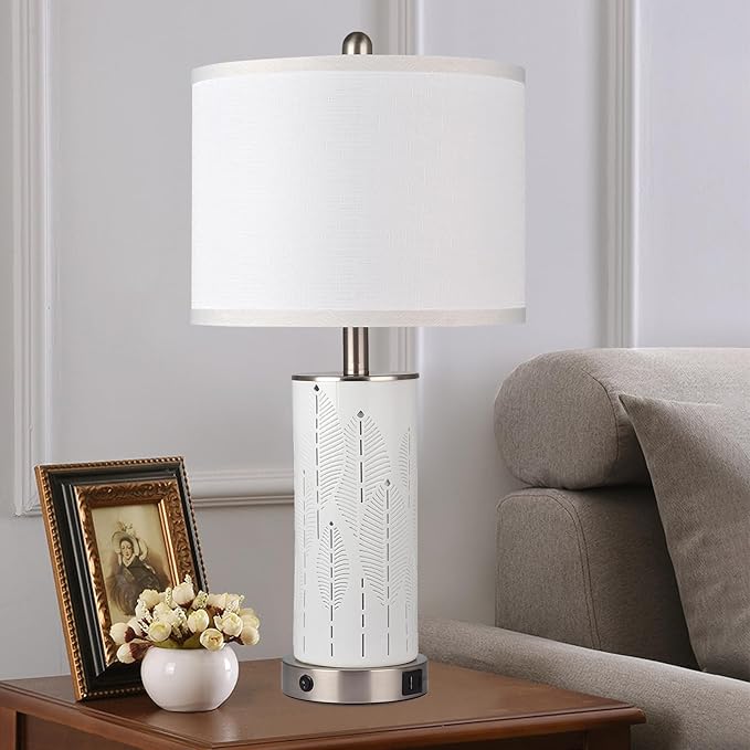 Ceramic Beautifully Engraved Decorative 25" Table Lamps Set of 2 with Nightlight,E26 Socket&Rotary Switch,USB A+C Ports,Modern Bedside Lamps for Nightstand,Bedroom(Bulbs Included)