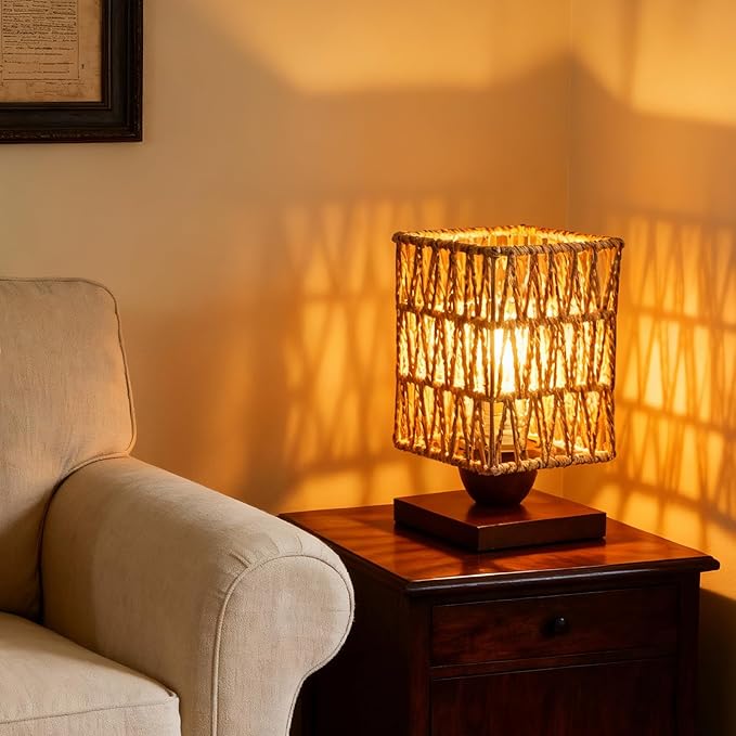 Boho Small Table Lamp,Vintage Wicker Wooden Nightstand Bamboo Woven End Table Lamps,Farmhouse Rattan Beside Lamp for Room Decor, for Bedroom Living Room Desk Kids Room(LED Bulb Included) (B)