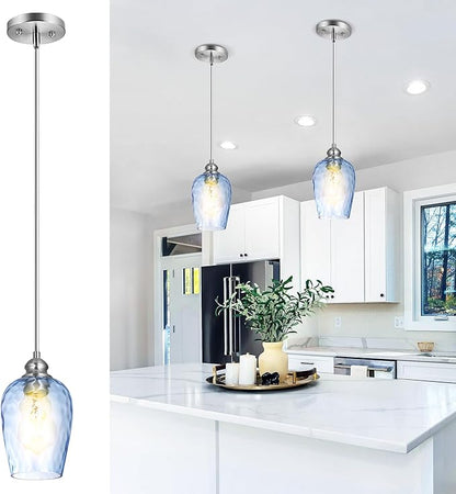 Glass Pendant Lights Kitchen Island, Brushed Nickel Pendant Light Fixtures with Hand-Blown Clear Glass, Modern Hanging Light for Kitchen Sink Dining Room Bedroom, E26 (Blue, 2pack)
