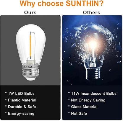 SUNTHIN 25 Pack Dimmable 1W S14 Replacement LED Bulbs, 2700K Warm White Waterproof Outdoor String Lights Vintage Filament Bulb, Shatterproof E26 Screw Base Edison LED Light Bulbs