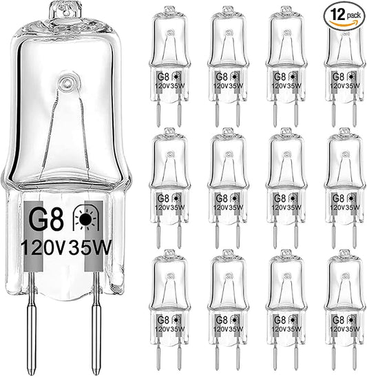 Halogen G8 Light Bulb 35W 120V T4 JCD Type Bi-Pin Base (12 Pack) Dimmable for Under Cabinet Puck Lighting, Warm White 2700K