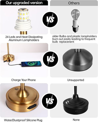 Cordless Battery Operated Table lamp Set of 2, 6000mAh Rechargeable Small Bedside Lamp, Gold Desk Lamp for Living Room Dining Room, Bedroom, Bedside, Balcony