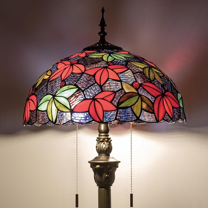 Tiffany Floor Lamp, 16" Stained Glass Maple Leaf Shade with Antique Bronze Base, 2-Light E26 Pull Chain Standing Reading Light for Living Room Bedroom16x16x64 Inches (Purple Blue Maple Leaf)