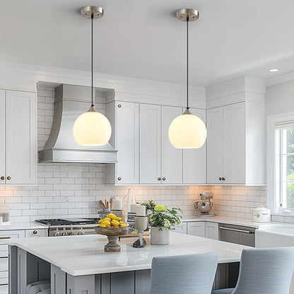 Milky Luster Glass Pendant Lights Kitchen Island Globe Pendant Light Fixtures Modern Pendant Lighting for Bedroom Living Dining Room Light Fixture (7.87 in, 2 Pack)