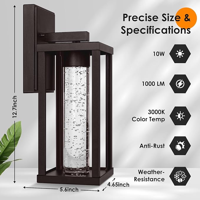 2-Pack Outdoor Wall Lights Fixture, Exterior Waterproof Outdoor Wall Sconces Lantern with Crystal Bubble Glass, Modern Brown Outside Lighting for Porch, House, Patio, Front Door