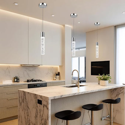 Pendant Lights Kitchen Island, 6500K Modern Kitchen Island Lights Brushed Nickel, 1 Pack Ceiling Lighting Fixtures with Crystal Bubble, Integrated LED Hanging Light for Dining Room Restaurant