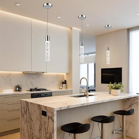 Pendant Lights Kitchen Island, 6500K Modern Kitchen Island Lights Brushed Nickel, 1 Pack Ceiling Lighting Fixtures with Crystal Bubble, Integrated LED Hanging Light for Dining Room Restaurant
