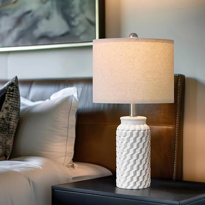 20.5" Set of 2 Bedside Table Lamps Modern White Honeycomb Ceramic - Linen Shade, E26 Knob Switch for Living Room, Bedroom & Nightstand