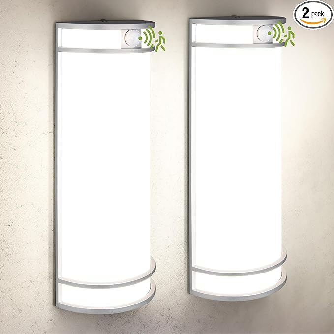 ASD 18 Inch LED Outdoor & Indoor Wall Mount Light Fixture with Motion Sensor - Brushed Nickel Wall Sconce Lighting - 20W 120-277V 3000K 4000K 5000K Exterior Lights - Front Door & Patio - ETL 2 Pack