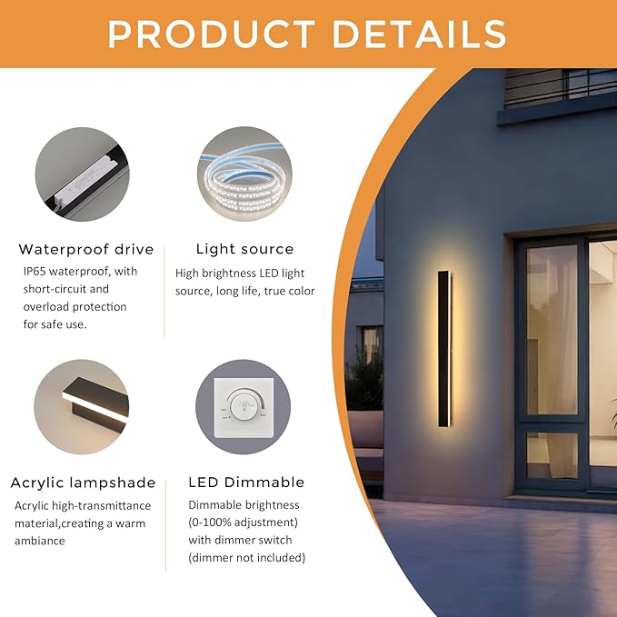 Modern Outdoor Wall Lights 47.2 Inches 3000K LED Outdoor Wall Light for House Exterior Wall Garage Entrance Lighting Fixtures Waterproof Long Strip Wall Sconce for Doorway Patio Passage