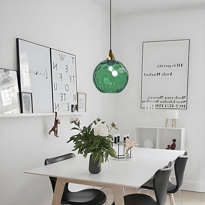 20cm/7.9’’ Industrial Vintage Spherical Glass Pendant Light, E26 Ceiling Hanging Lamp, Gold Finish & Ripple Glass Globe Shade, Dining Room Bedroom Chandelier (Green)