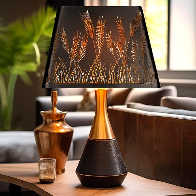 Medium Square Lamp Shades, ALUCSET Metal Lampshade with Pattern of Wheatear for Table Lamp and Floor Light, 9 x 12 x 8.8 Inch, Spider (Black/Gold)
