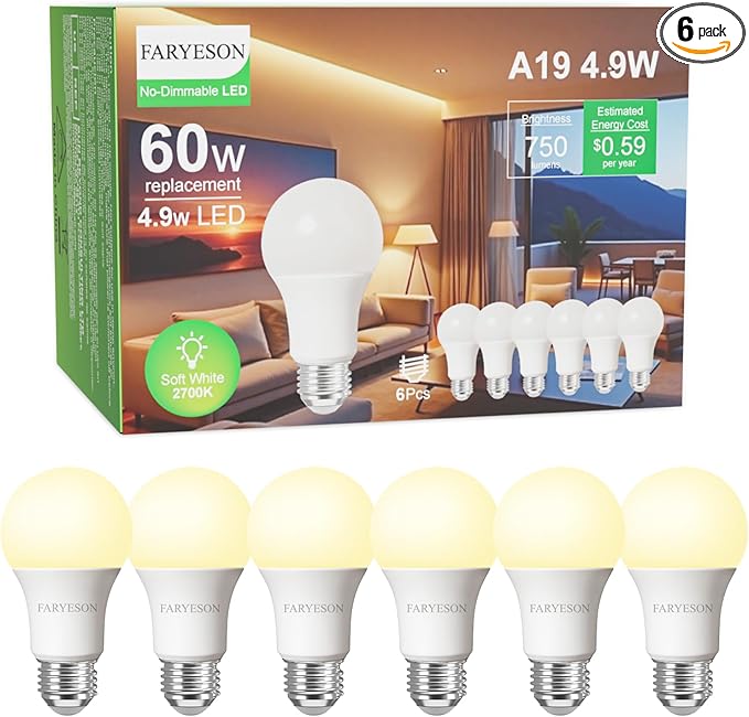 Ultra Efficient Light Bulbs 60 Watt Soft White, A19 LED E26 Frosted Bulb 2700K 750 Lumens, 30000 Hrs Lifetime, Energy-Efficient 4.9W=60W, Low Heat, Flicker-Free, Non-Dimmable, 6 Pack