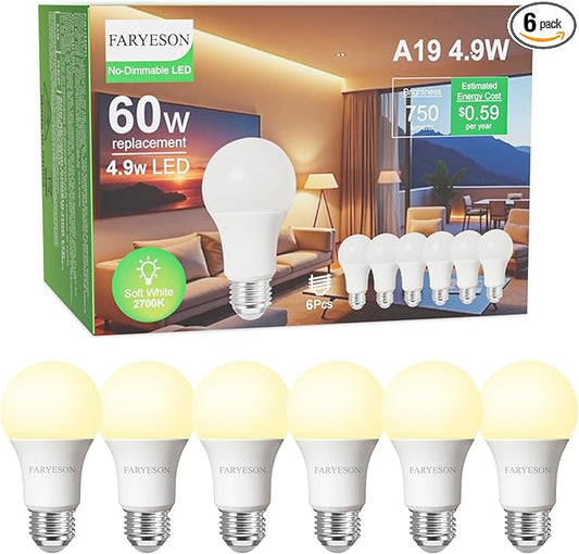 Ultra Efficient Light Bulbs 60 Watt Soft White, A19 LED E26 Frosted Bulb 2700K 750 Lumens, 30000 Hrs Lifetime, Energy-Efficient 4.9W=60W, Low Heat, Flicker-Free, Non-Dimmable, 6 Pack