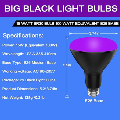 BR30 UV Black Light Bulbs 2 Pack for Glow Party -15W (100w Equivalent) E26 UVA 385-410 nm, Big LED Blacklight Flood Light Bulb for Room, Body Paints, Fluorescent Poster, Halloween, Blacklight Party