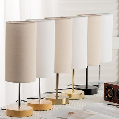 Small Bedside Table Lamp for Bedroom Nightstand, Round Linen Shade and Wood Base, Rustic Minimalist Night Lamps for Dresser, Living Room, Office, College Dorm Reading, Warm Light, 5W LED Bulb Included