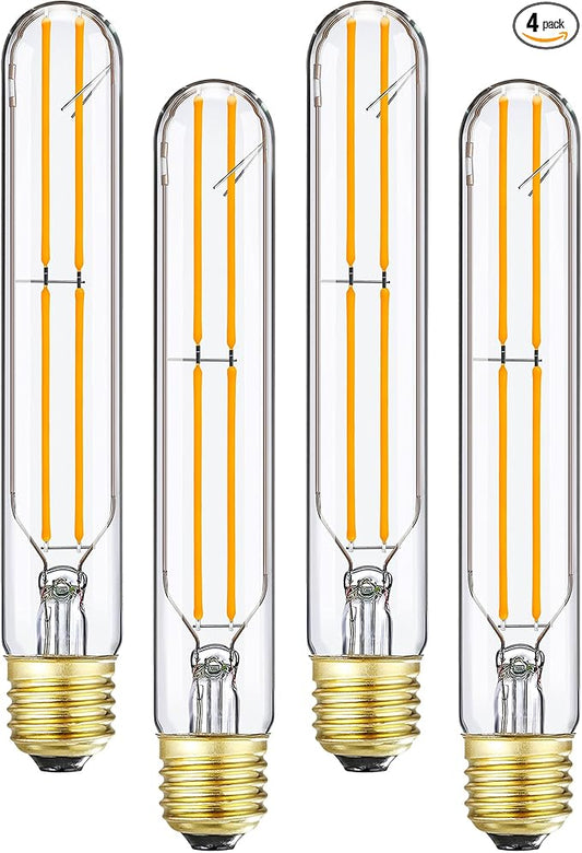 E26 Tubular Led Bulbs,Dimmable T10 Led Light Bulbs 6W Equal 60 Watt,2700K Warm White,Long Edison Led Bulb,600lm,T10 Clear Glass Bulb 7.3 in Led,4Pack.