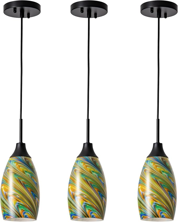 Mini Glass Pendant Light 4.72" Oval Pendant Lights 3-Pack Handblown Colorful Art Glass Hanging Pendant Light for Kitchen Island Dining Room Living Foyer Hallway Entry Matte Black Metal