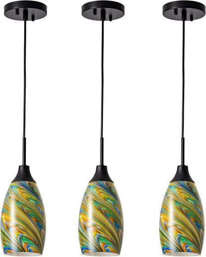 Mini Glass Pendant Light 4.72" Oval Pendant Lights 3-Pack Handblown Colorful Art Glass Hanging Pendant Light for Kitchen Island Dining Room Living Foyer Hallway Entry Matte Black Metal