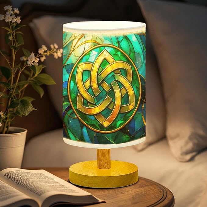 Celtic Knot Table Lamp LED 3-Color Pressed Bedside, Celtic Knot Shade Lamp with Wood Base for Bedroom Living Room Desk Office TL01