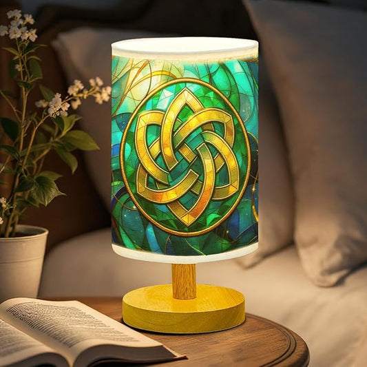 Celtic Knot Table Lamp LED 3-Color Pressed Bedside, Celtic Knot Shade Lamp with Wood Base for Bedroom Living Room Desk Office TL01