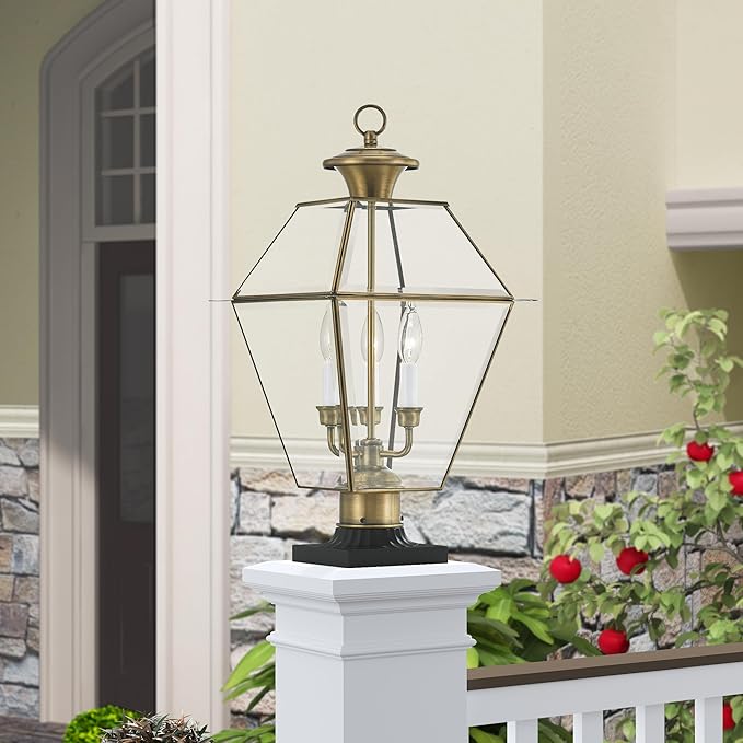 Livex Lighting Lantern 2384-01 Westover 3-Light Outdoor Post Head, Antique Brass